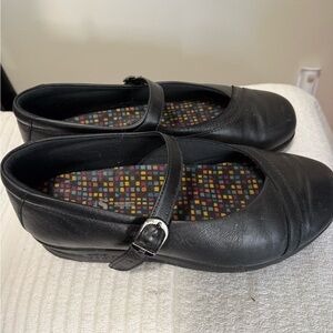SAS Black Leather Mary Jane Flats with Colorful Checkered Insole